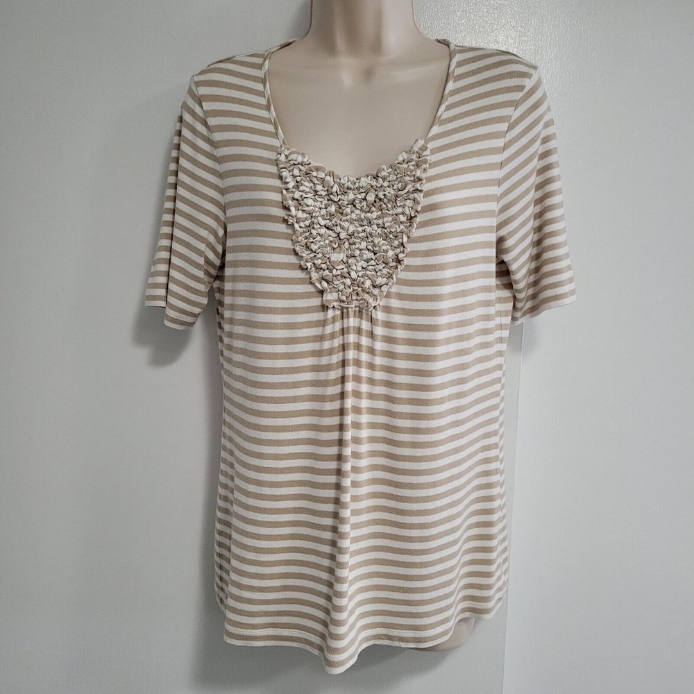 Chico's Size 0 (S) Beige White Stripe Rayon Blend Short Sleeve V-neck Top